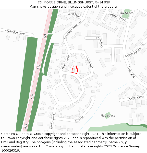 76, MORRIS DRIVE, BILLINGSHURST, RH14 9SF: Location map and indicative extent of plot