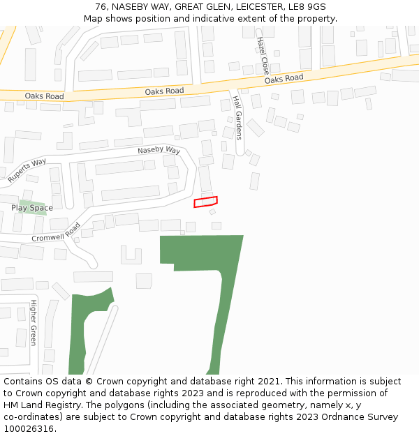 76, NASEBY WAY, GREAT GLEN, LEICESTER, LE8 9GS: Location map and indicative extent of plot