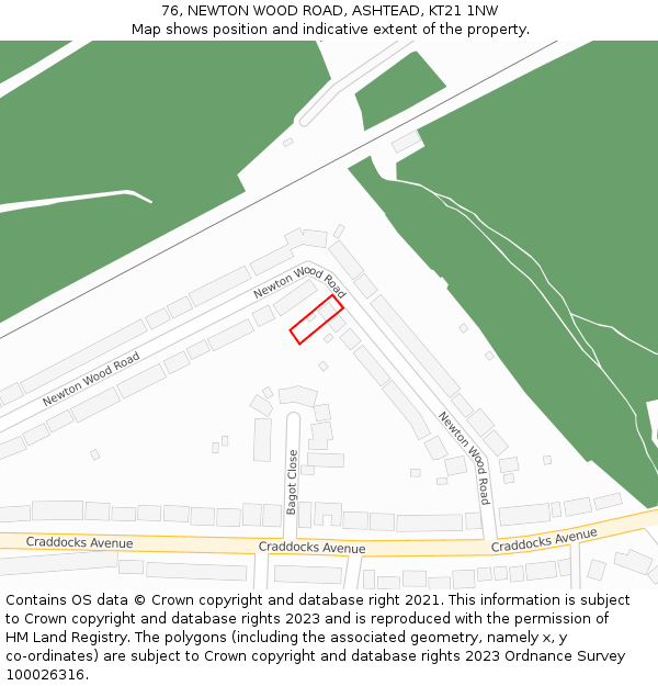 76, NEWTON WOOD ROAD, ASHTEAD, KT21 1NW: Location map and indicative extent of plot