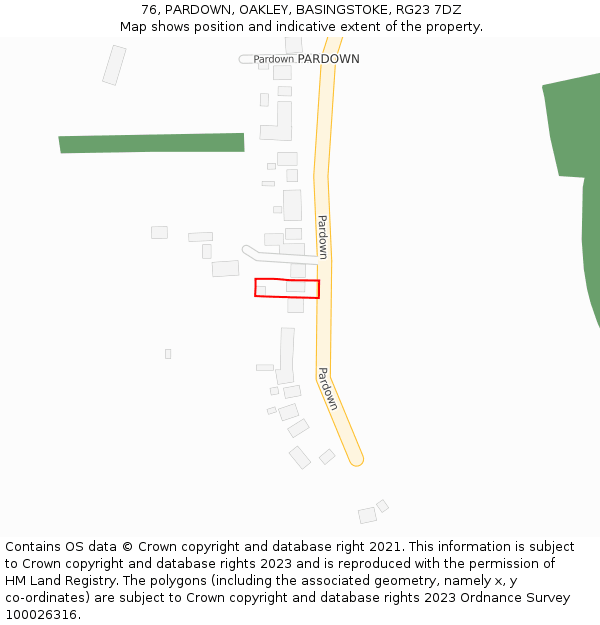 76, PARDOWN, OAKLEY, BASINGSTOKE, RG23 7DZ: Location map and indicative extent of plot