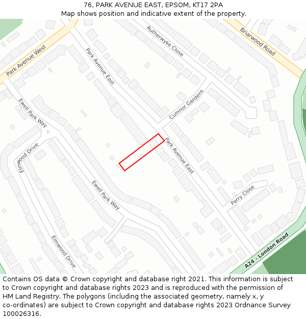 76, PARK AVENUE EAST, EPSOM, KT17 2PA: Location map and indicative extent of plot