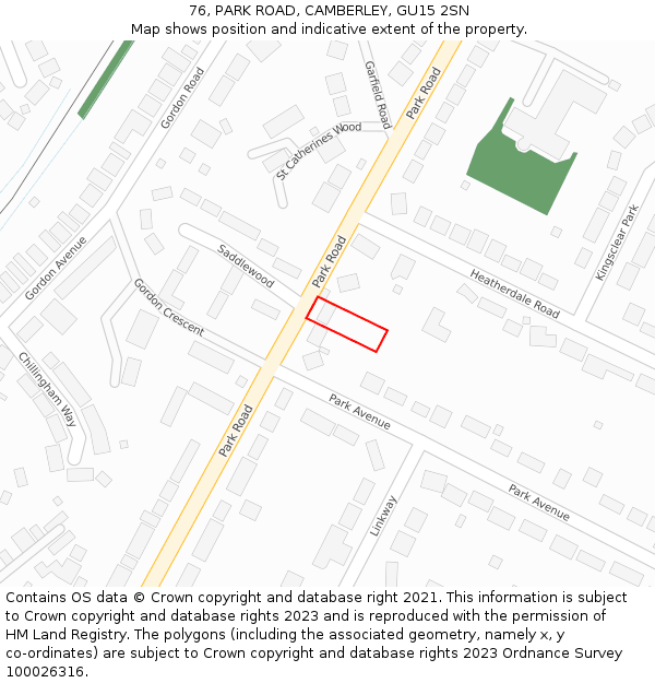 76, PARK ROAD, CAMBERLEY, GU15 2SN: Location map and indicative extent of plot