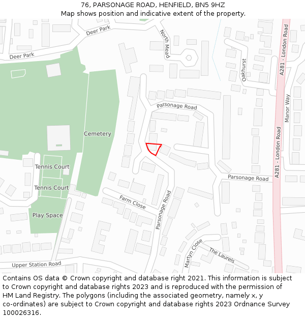 76, PARSONAGE ROAD, HENFIELD, BN5 9HZ: Location map and indicative extent of plot