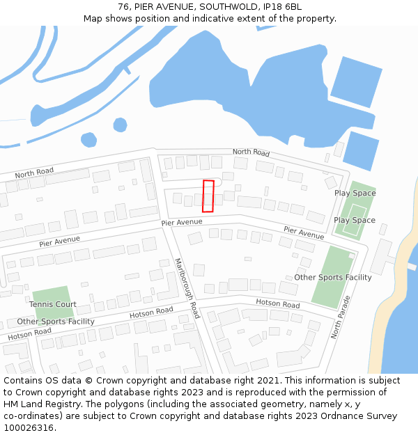 76, PIER AVENUE, SOUTHWOLD, IP18 6BL: Location map and indicative extent of plot