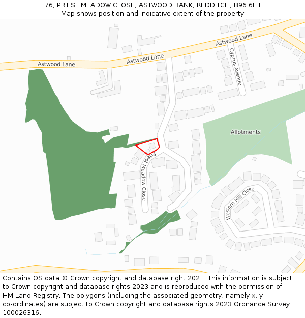 76, PRIEST MEADOW CLOSE, ASTWOOD BANK, REDDITCH, B96 6HT: Location map and indicative extent of plot