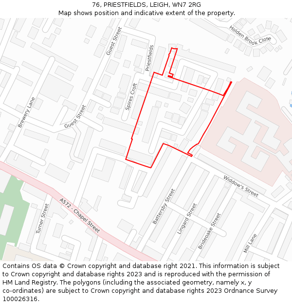 76, PRIESTFIELDS, LEIGH, WN7 2RG: Location map and indicative extent of plot