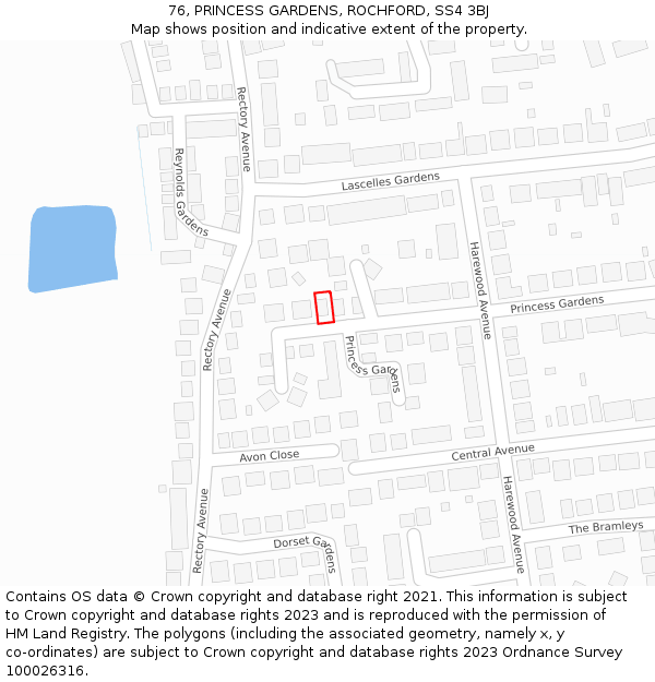 76, PRINCESS GARDENS, ROCHFORD, SS4 3BJ: Location map and indicative extent of plot