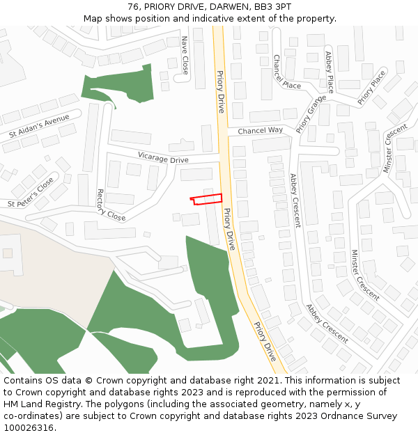 76, PRIORY DRIVE, DARWEN, BB3 3PT: Location map and indicative extent of plot