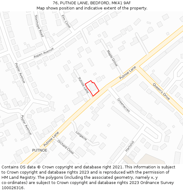 76, PUTNOE LANE, BEDFORD, MK41 9AF: Location map and indicative extent of plot