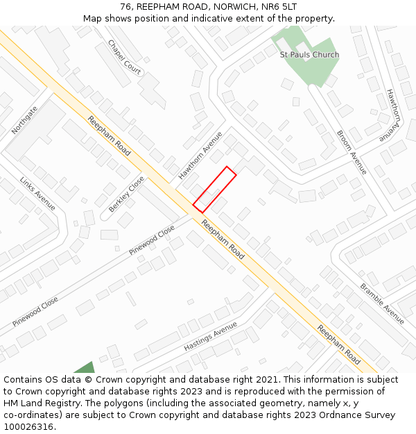 76, REEPHAM ROAD, NORWICH, NR6 5LT: Location map and indicative extent of plot