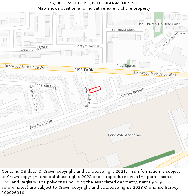 76, RISE PARK ROAD, NOTTINGHAM, NG5 5BP: Location map and indicative extent of plot