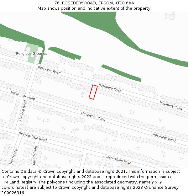 76, ROSEBERY ROAD, EPSOM, KT18 6AA: Location map and indicative extent of plot