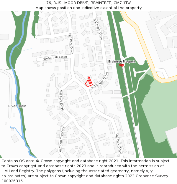 76, RUSHMOOR DRIVE, BRAINTREE, CM7 1TW: Location map and indicative extent of plot