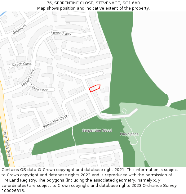 76, SERPENTINE CLOSE, STEVENAGE, SG1 6AR: Location map and indicative extent of plot