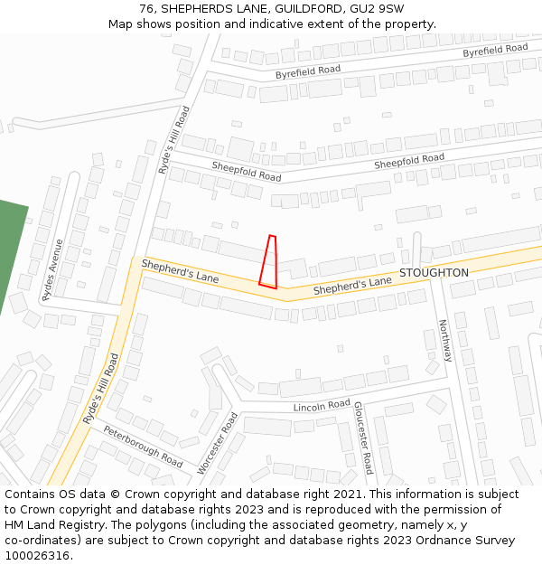 76, SHEPHERDS LANE, GUILDFORD, GU2 9SW: Location map and indicative extent of plot