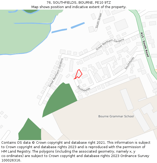 76, SOUTHFIELDS, BOURNE, PE10 9TZ: Location map and indicative extent of plot