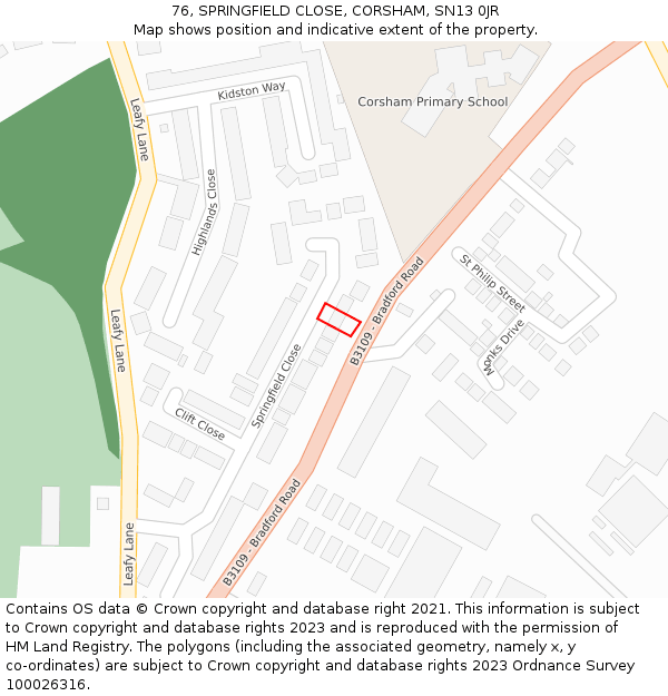 76, SPRINGFIELD CLOSE, CORSHAM, SN13 0JR: Location map and indicative extent of plot