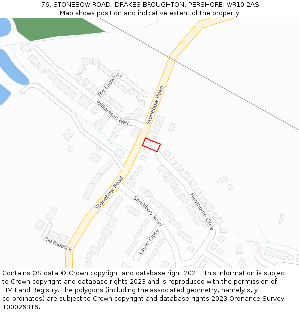 76, STONEBOW ROAD, DRAKES BROUGHTON, PERSHORE, WR10 2AS: Location map and indicative extent of plot