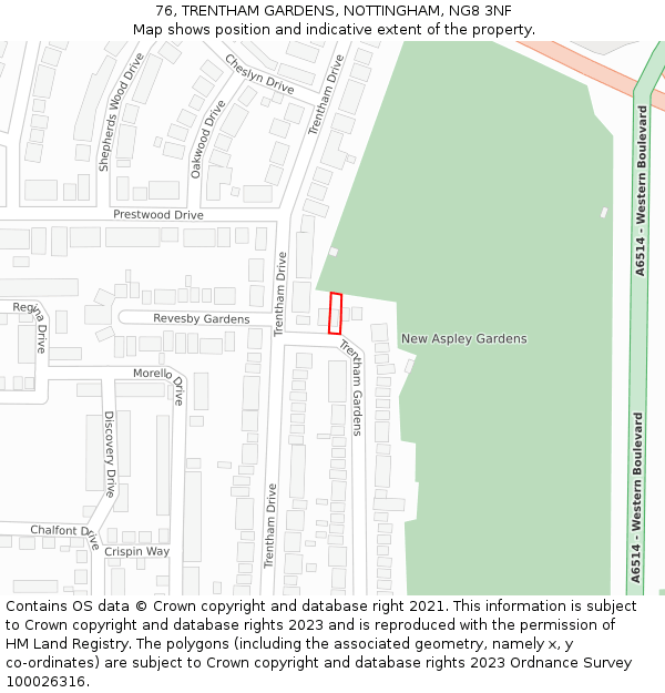 76, TRENTHAM GARDENS, NOTTINGHAM, NG8 3NF: Location map and indicative extent of plot