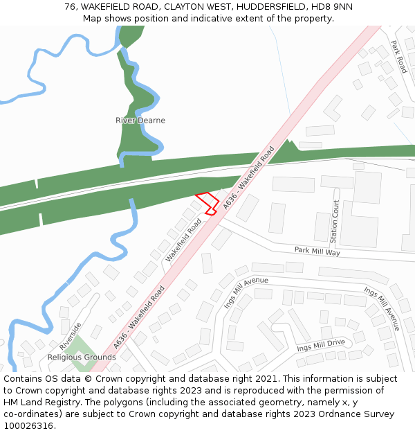 76, WAKEFIELD ROAD, CLAYTON WEST, HUDDERSFIELD, HD8 9NN: Location map and indicative extent of plot