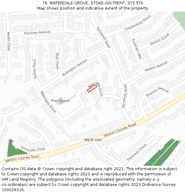 76, WATERDALE GROVE, STOKE-ON-TRENT, ST3 5TX: Location map and indicative extent of plot