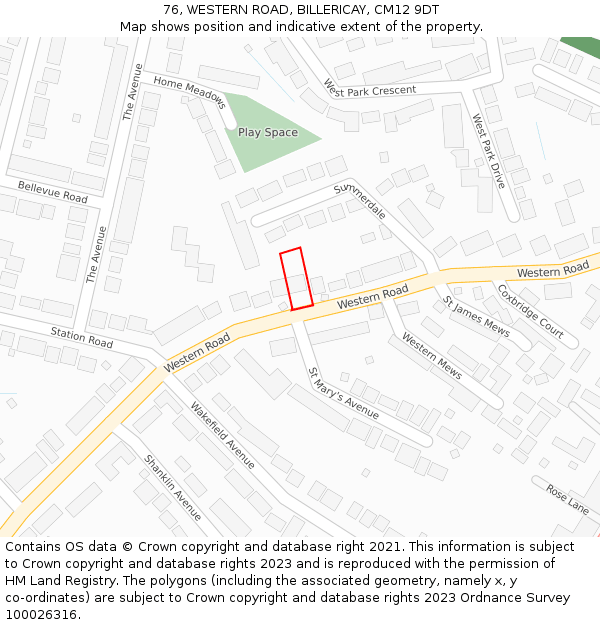76, WESTERN ROAD, BILLERICAY, CM12 9DT: Location map and indicative extent of plot