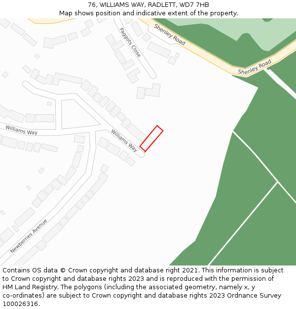 76, WILLIAMS WAY, RADLETT, WD7 7HB: Location map and indicative extent of plot