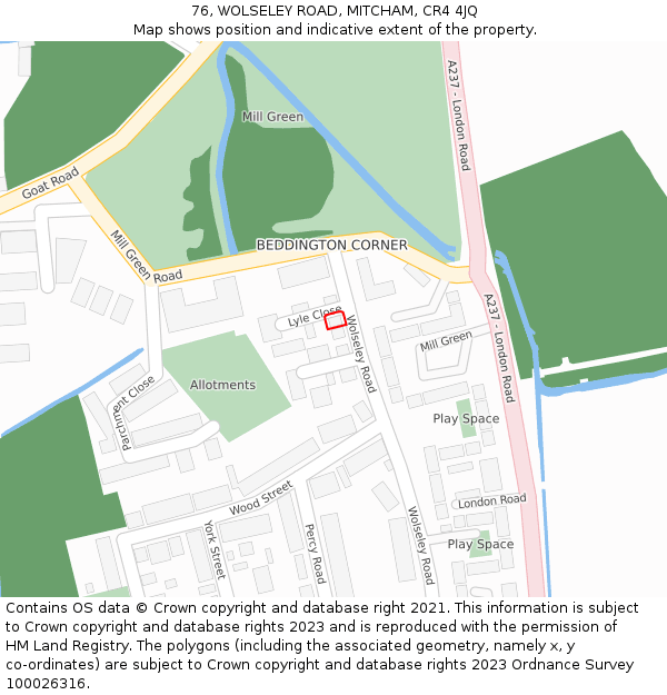 76, WOLSELEY ROAD, MITCHAM, CR4 4JQ: Location map and indicative extent of plot