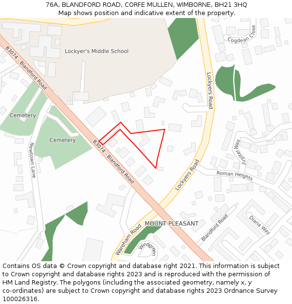 76A, BLANDFORD ROAD, CORFE MULLEN, WIMBORNE, BH21 3HQ: Location map and indicative extent of plot
