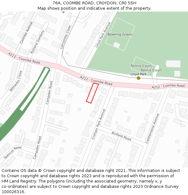 76A, COOMBE ROAD, CROYDON, CR0 5SH: Location map and indicative extent of plot