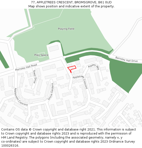 77, APPLETREES CRESCENT, BROMSGROVE, B61 0UD: Location map and indicative extent of plot