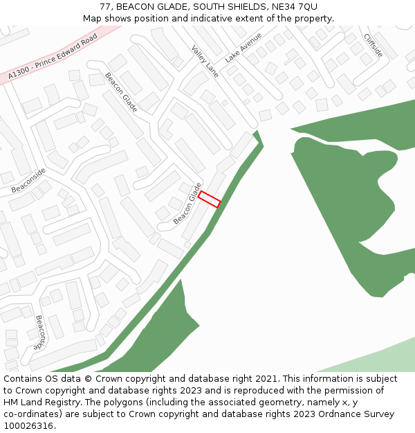 77, BEACON GLADE, SOUTH SHIELDS, NE34 7QU: Location map and indicative extent of plot