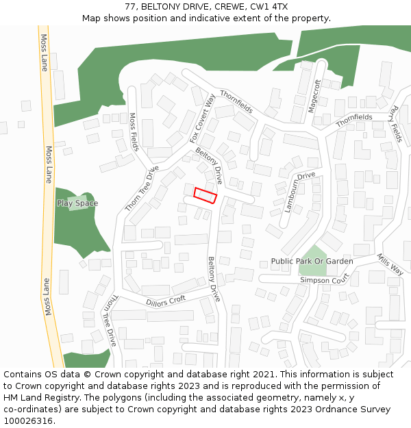 77, BELTONY DRIVE, CREWE, CW1 4TX: Location map and indicative extent of plot