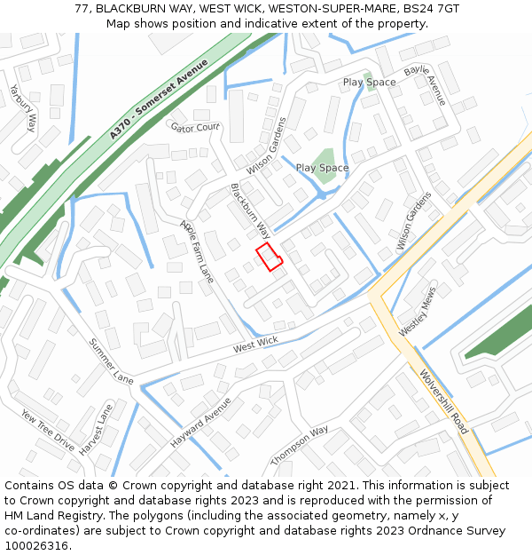 77, BLACKBURN WAY, WEST WICK, WESTON-SUPER-MARE, BS24 7GT: Location map and indicative extent of plot