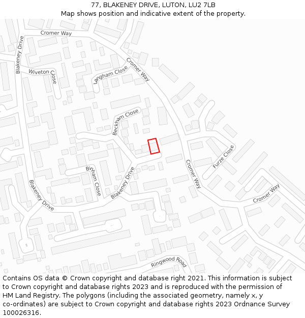 77, BLAKENEY DRIVE, LUTON, LU2 7LB: Location map and indicative extent of plot