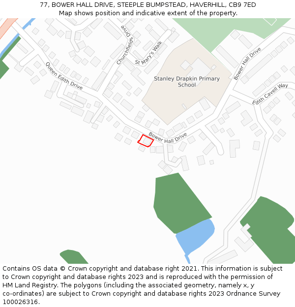 77, BOWER HALL DRIVE, STEEPLE BUMPSTEAD, HAVERHILL, CB9 7ED: Location map and indicative extent of plot