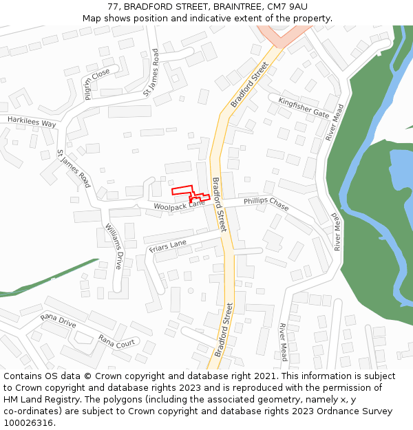 77, BRADFORD STREET, BRAINTREE, CM7 9AU: Location map and indicative extent of plot