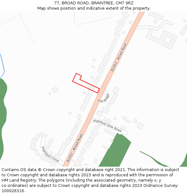 77, BROAD ROAD, BRAINTREE, CM7 9RZ: Location map and indicative extent of plot