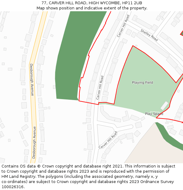 77, CARVER HILL ROAD, HIGH WYCOMBE, HP11 2UB: Location map and indicative extent of plot