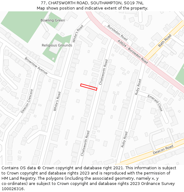 77, CHATSWORTH ROAD, SOUTHAMPTON, SO19 7NL: Location map and indicative extent of plot