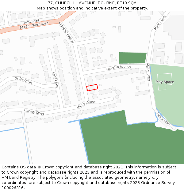 77, CHURCHILL AVENUE, BOURNE, PE10 9QA: Location map and indicative extent of plot