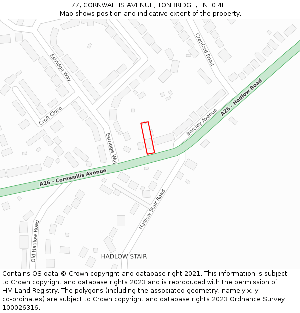 77, CORNWALLIS AVENUE, TONBRIDGE, TN10 4LL: Location map and indicative extent of plot