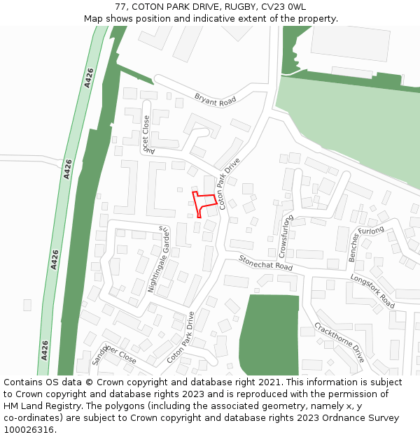 77, COTON PARK DRIVE, RUGBY, CV23 0WL: Location map and indicative extent of plot