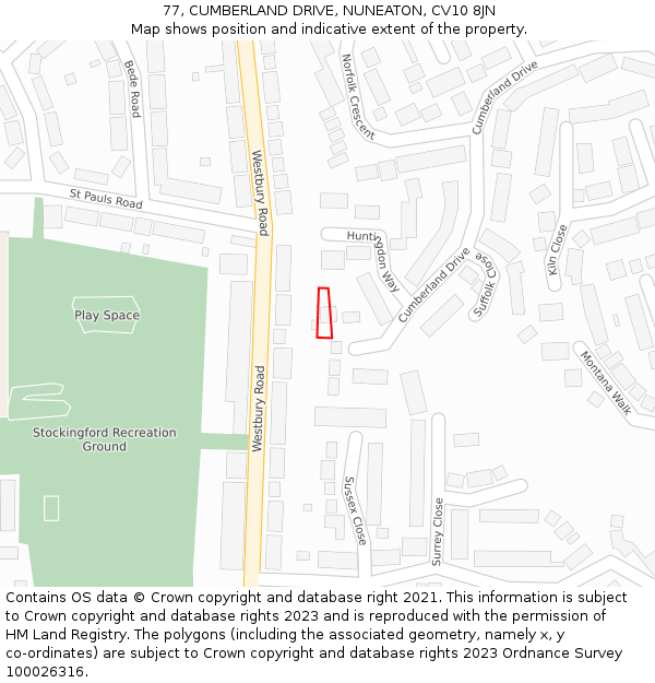 77, CUMBERLAND DRIVE, NUNEATON, CV10 8JN: Location map and indicative extent of plot