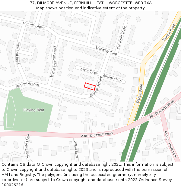 77, DILMORE AVENUE, FERNHILL HEATH, WORCESTER, WR3 7XA: Location map and indicative extent of plot