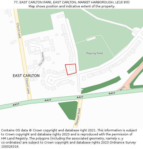77, EAST CARLTON PARK, EAST CARLTON, MARKET HARBOROUGH, LE16 8YD: Location map and indicative extent of plot
