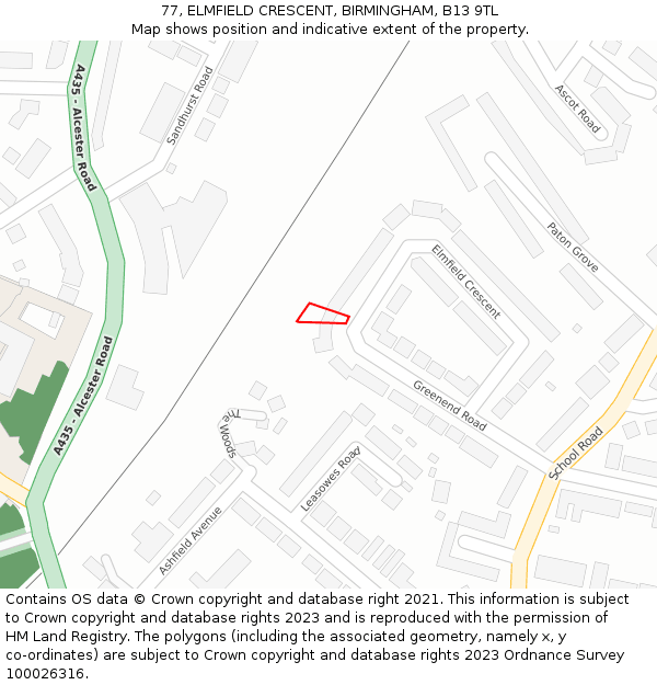 77, ELMFIELD CRESCENT, BIRMINGHAM, B13 9TL: Location map and indicative extent of plot