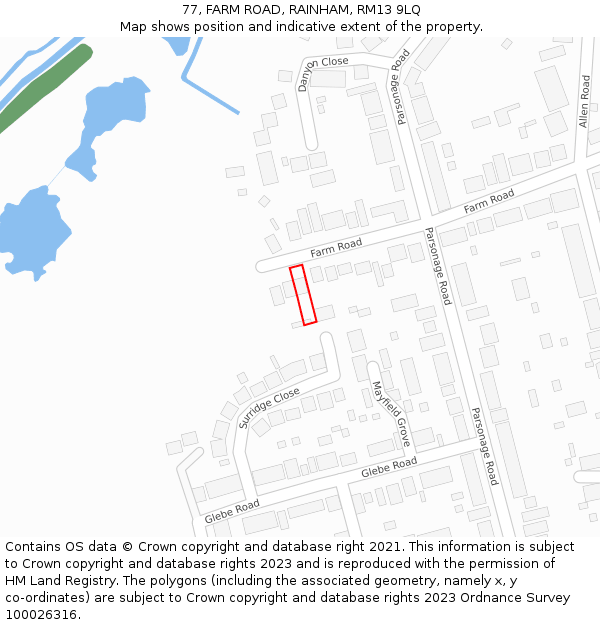 77, FARM ROAD, RAINHAM, RM13 9LQ: Location map and indicative extent of plot