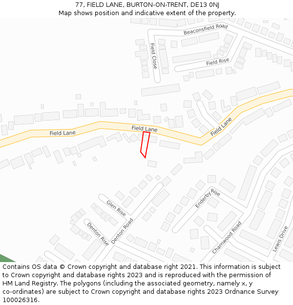 77, FIELD LANE, BURTON-ON-TRENT, DE13 0NJ: Location map and indicative extent of plot