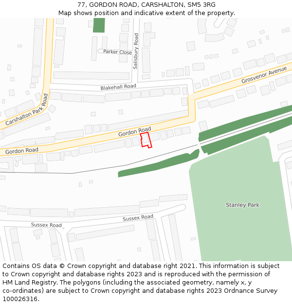 77, GORDON ROAD, CARSHALTON, SM5 3RG: Location map and indicative extent of plot